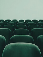 Rows of empty dark green velvet seats in a theater or auditorium, captured symmetrically from a frontal perspective with minimal background.