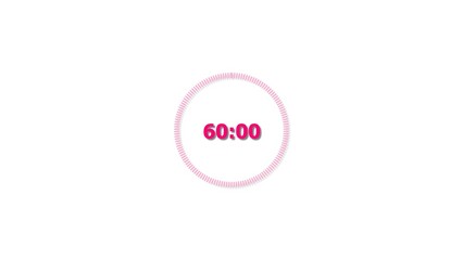 Digital countdown timer magenta red color 4k illustration of 60 second on transparent on white background. 60 seconds digital timer 4k illustration.