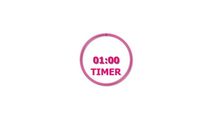 Digital countdown timer magenta red color 4k illustration of 1 minute  on transparent on white background. 1 minute digital timer 4k illustration.