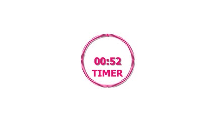 Digital countdown timer magenta red color 4k illustration of 52 second on transparent on white background. 52 seconds digital timer 4k illustration .