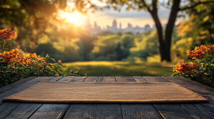 Naklejka premium Empty wooden table with a beige placemat outdoors, overlooking a park and city at sunset.