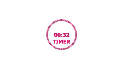 Digital countdown timer magenta red color 4k illustration of 32 second on transparent on white background. 32 seconds digital timer 4k illustration .
