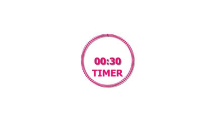 Digital countdown timer magenta red color 4k illustration of 30 second on transparent on white background. 30 seconds digital timer 4k illustration .