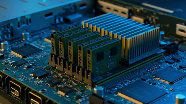 Close-up of a computer motherboard showcasing RAM modules and heat sinks in a dimly lit environment