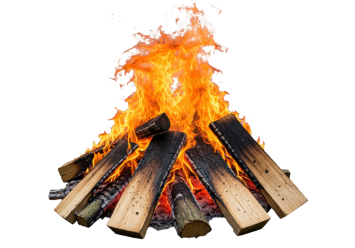 Burning Firewood with Flames Isolated on Transparent Background