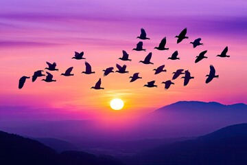 Fototapeta premium Silhouetted birds in flight at sunset over mountains.