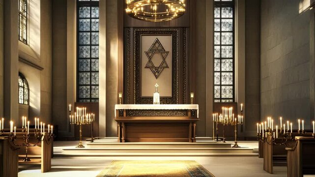 A church with a large chandelier hanging from the ceiling. The room is filled with candles and the walls are adorned with a Star of David. The atmosphere is serene and peaceful