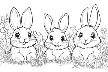 Three Cute Cartoon Rabbits Sitting in the Grass. Coloring Page for Kids with Crisp Lines and White Background in Simple Style