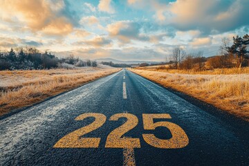 Long Winding Road With Yellow Painted Number 225 in a Tranquil Landscape During Early Morning Light