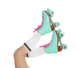 Woman in roller skates on white background, closeup