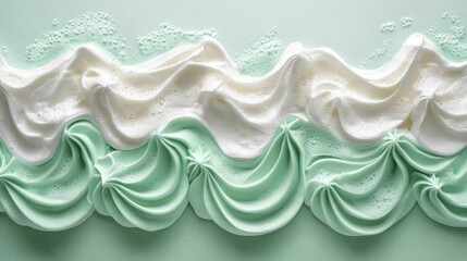 Fototapeta premium A close-up of textured seafoam reveals intricate white bubbles and soft green water ripples in a detailed and serene illustration