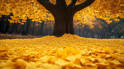 Golden ginkgo tree in autumn forest, fallen leaves carpet the ground.