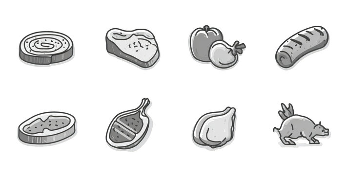 Delicious food icons set grey scale vector illustration bun meat beef pork on transparent background