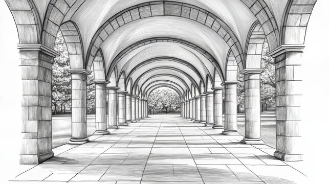 An illustration of a linear perspective drawing featuring an arched corridor with columns and a vanishing point, demonstrating Perspective Depth Techniques