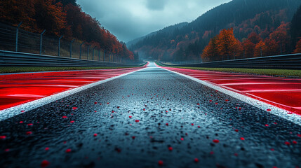 Wet racetrack asphalt, autumnal forest, cloudy day, perspective view, rain drops,  racing, speed, nature,  winding road,  mountains,  landscape,  fall foliage,ty.