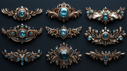 Nine ornate gold-colored decorative elements with blue gemstones, set against a dark background.  Ornate, decorative,  luxury,  design,  gold,  gemstone,  ecorative.