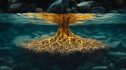 Underwater tree roots emerge from the depths.