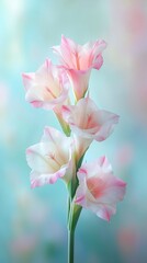 Delicate Pink and White Gladiolus Flower with Blooms on Stem. Abstract Background with Blurred Light Blue-Green Gradient. Clear Petal Texture Conveys Tranquility and Elegance