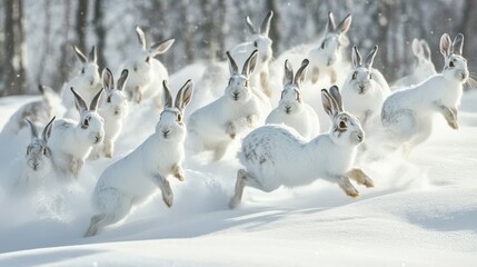 Fototapeta premium A flurry of white rabbits bounding across snowy landscape.