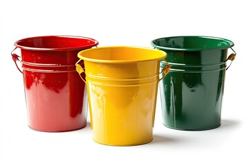 Colorful metal buckets in red, yellow, and green