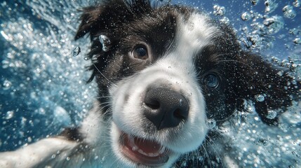 Joyful border collie swimming underwater in crystal clear blue
