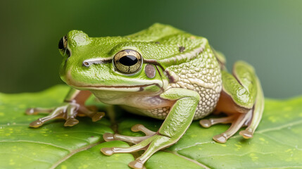 Obraz premium A vibrant tree frog rests on a tropical leaf, embodying nature's delicate beauty.