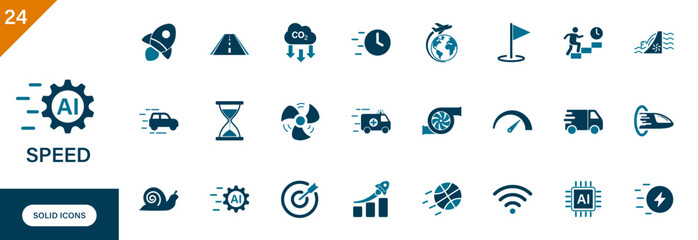 Speed ​​icon. Containing transport, fan, turbo, time, fast growth, development speed. Solid vector icons set.