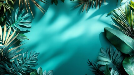 Tropical leaves on a vibrant blue background.