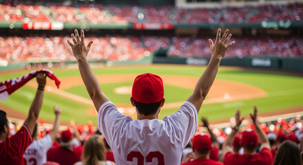 Man Cheers in White Jersey and Red Cap at a Sunny Baseball Stadium with a Large Crowd of Enthusiastic Fans