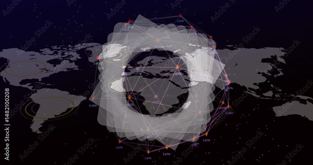 Aufkleber displaying network overlay on world map data interface, showing glowing nodes and percentage labels