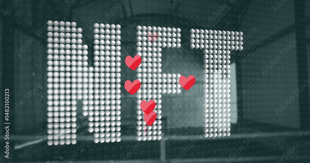 Poster displaying led display forming nft letters above railing at gallery, with floating red heart icons