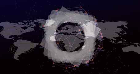 Displaying network overlay on world map data interface, showing glowing nodes and percentage labels
