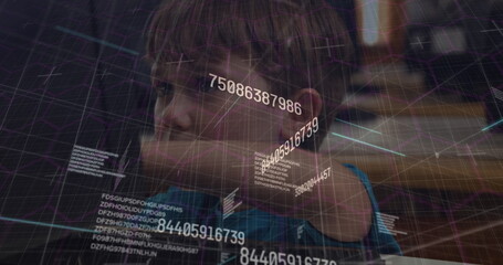 Watching boy in blue hoodie analyzing numeric sequences, code in dimly lit room, holographic grid