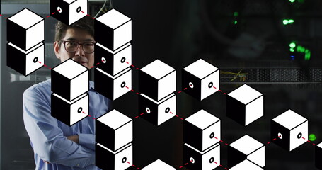 Korean man wearing shirt and tie crossing arms in server room, with cube network, copy space