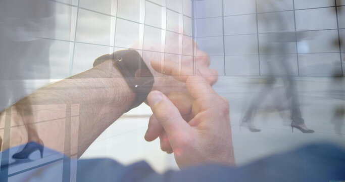 Business man and hands adjusting smartwatch in corporate lobby, with grid glass panels - Powered by Adobe