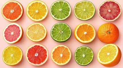 Fototapeta premium Vibrant citrus medley with colorful halved oranges, limes, and grapefruits on pink background
