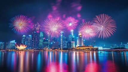 Vibrant fireworks display over singapore skyline at night