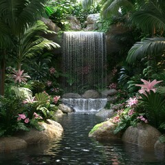 A tropical forest of dense foliage is home to a lush and flowing waterfall