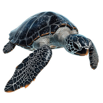 Majestic sea turtle sleek dark shell intricate patterns ocean depth on transparent background