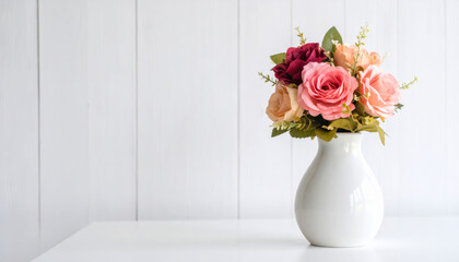 beautiful arrangement of artificial flowers in white vase sits elegantly on table against light wooden background, adding touch of color and charm to space
