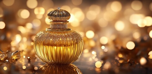 Obraz premium A luxurious background showcases a golden perfume bottle adorned with sparkles