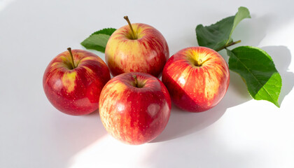 Fresh red apples with vibrant colors and green leaves, arranged beautifully on white background, evoke sense of natural beauty and health