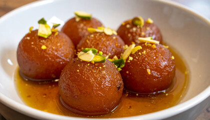 Delicious gulab jamun dessert served in bowl, featuring round, syrup soaked sweets garnished with chopped nuts. This traditional treat is favorite in many celebrations and evokes joy