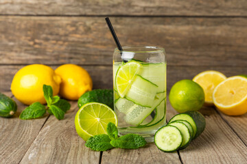 Cucumber water with lemon, lime and mint on a wooden table. Water infused with sliced...