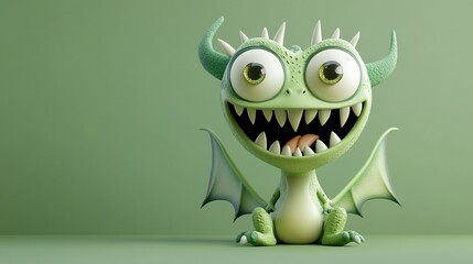 Fototapeta premium Green cartoon dragon with large eyes, sharp teeth, and small wings smiles widely