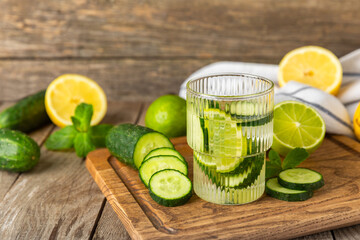 Cucumber water with lemon, lime and mint on a wooden table. Water infused with sliced...