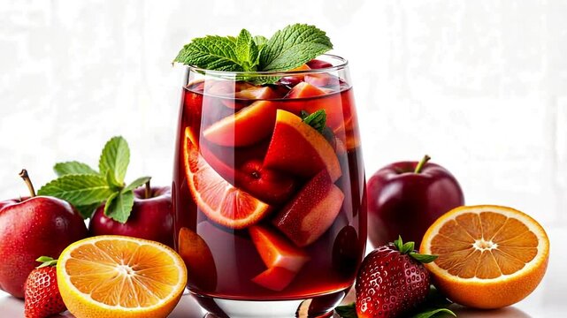 Berry Summer Drink with Ice and Mint in Glass none concept