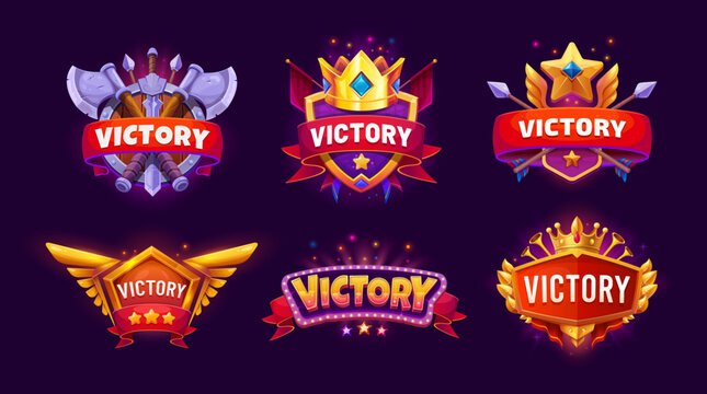 Game victory award shield badges and icons, vector UI asset. Cartoon gold crown, star and wings icons game winner award, trophy or prize. Champion victory shield badges with ribbon banners and flags