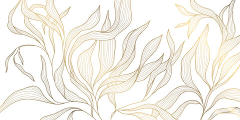 Fototapeta premium Vector golden on white line leaves pattern, luxury nature illustration, plant flower texture background. Boho foliage ornament, summer floral design, jungle banner