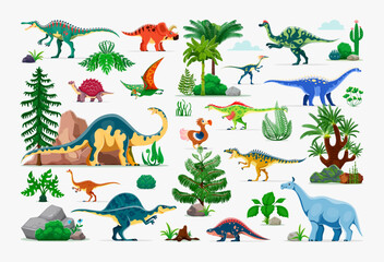 Prehistoric dinosaur characters with jungle forest trees and plants, vector set. Cartoon jurassic dino reptiles, suchomimus, melanorosaurus and raphus. Extinct hypacrosaurus and tapejara dinosaurs © Vector Tradition